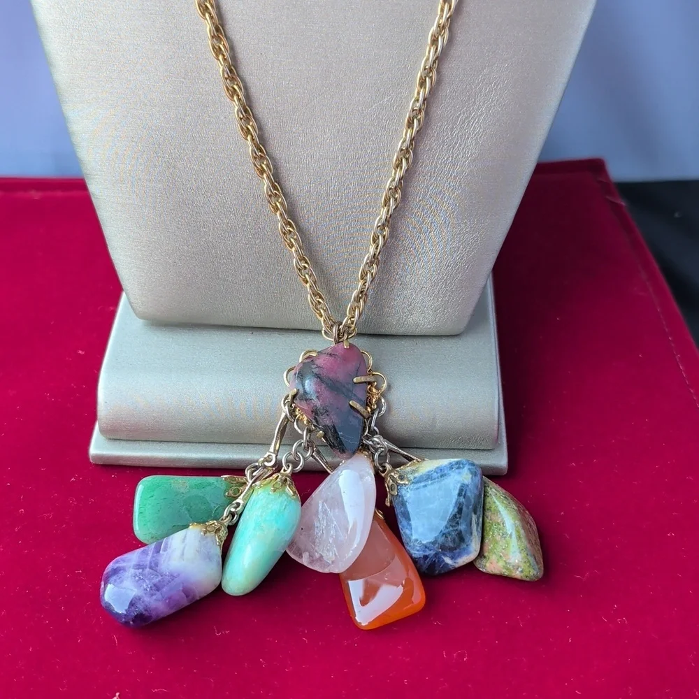Vintage 7 Stone Chakra Gemstone Pendant Necklace